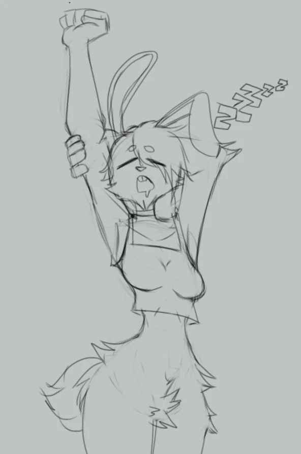 A rough sketch of an anthropomorphic rabbit character with closed eyes, drool, and 'zzz' sleep symbols above its head…
