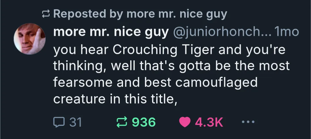 A screenshot of a Twitter post by 'more mr. nice guy' showing a profile picture of a man with a hand to his head, looking…