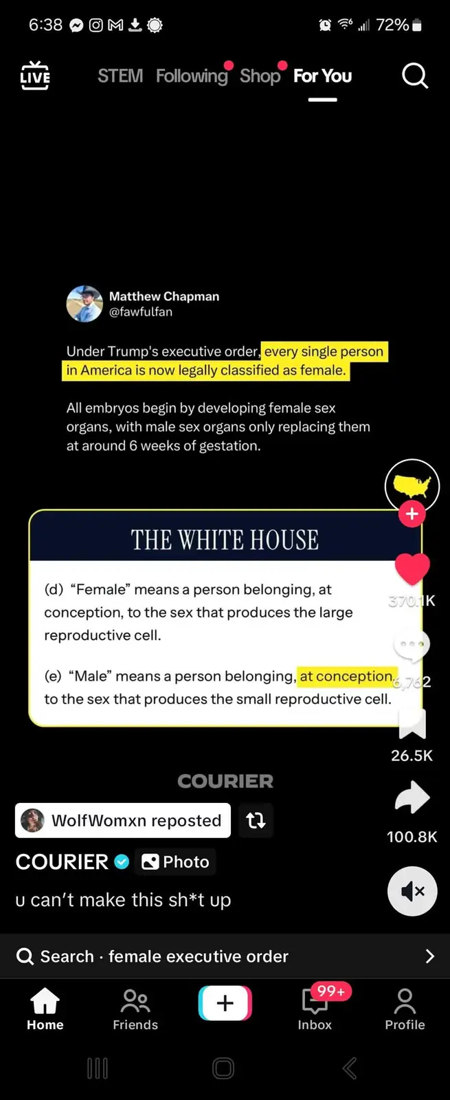 A screenshot of a TikTok video showing a user named Matthew Chapman sharing a claim that 'every single person in America is…