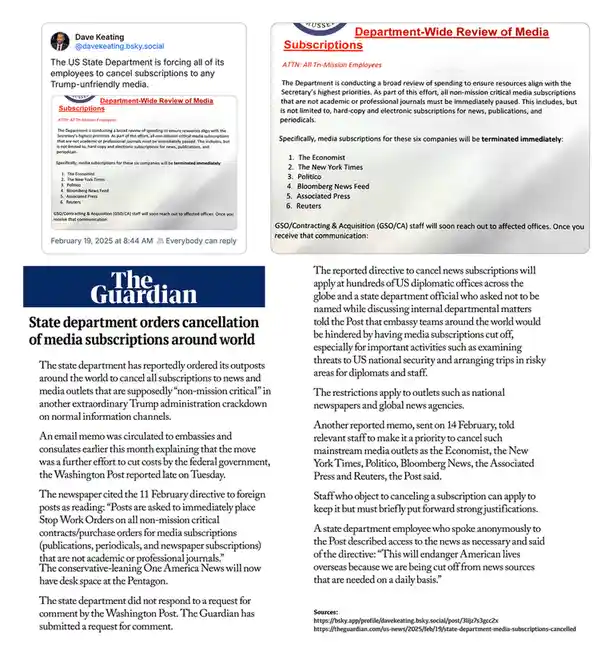 The image displays a social media post by Dave Keating alongside a government memo titled 'Department-Wide Review of Media…