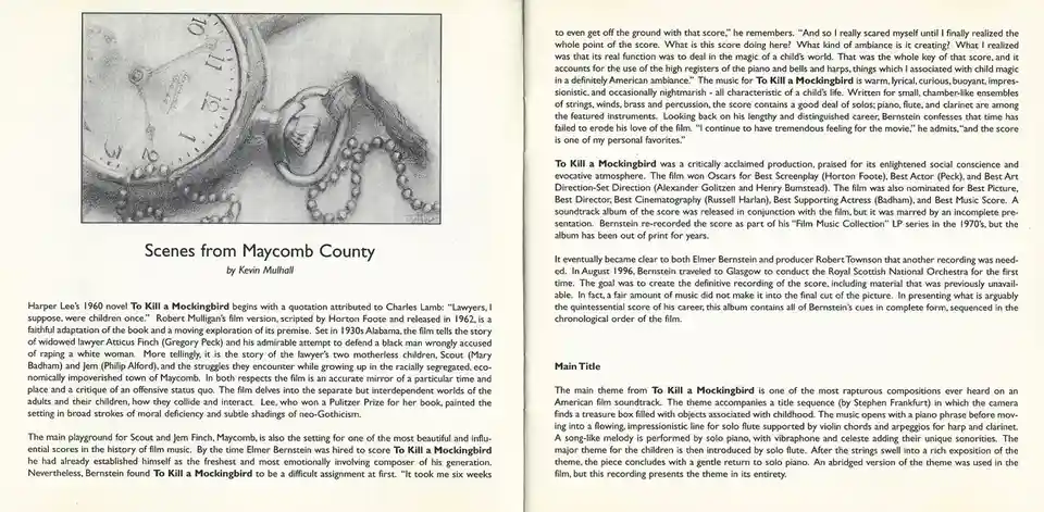 A black-and-white printed page from a book or program about the film 'To Kill a Mockingbird,' featuring a sketch of a pocket…