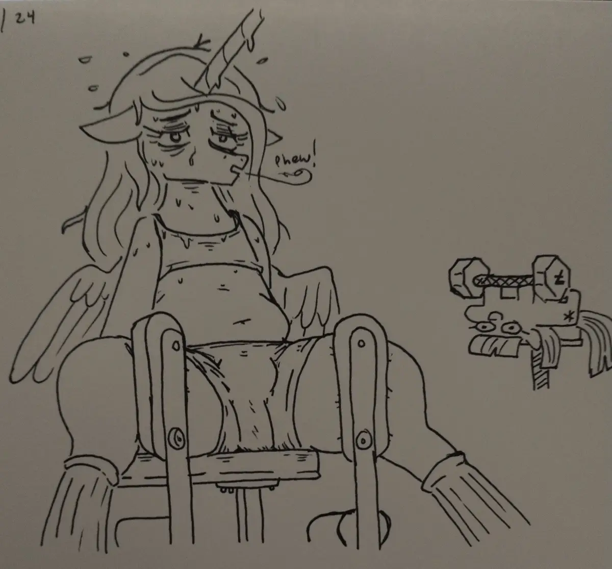 A black-and-white line drawing shows a tired, sweating, horned humanoid creature with wings, slumped in a wooden chair with…