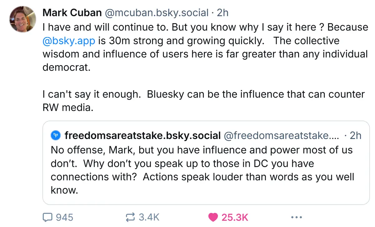 A screenshot of a Bluesky social media thread shows Mark Cuban praising the platform's collective influence, with a reply…