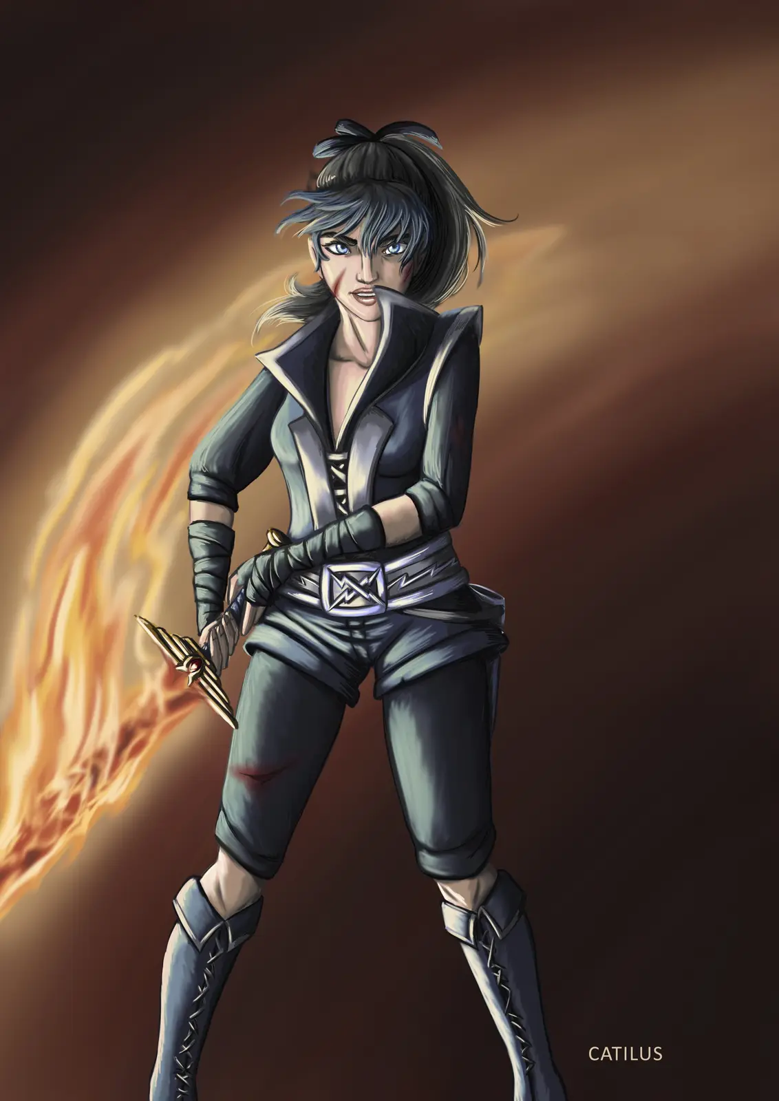 A digital illustration of a female warrior with dark hair in a high ponytail, wearing dark blue and silver armor, holding a…