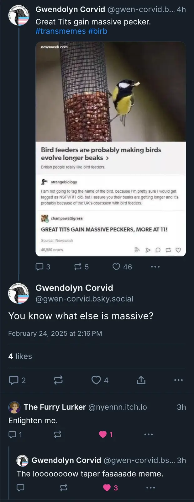 A screenshot of a social media post showing a bird feeder image with overlaid text from a news article and comments. The…