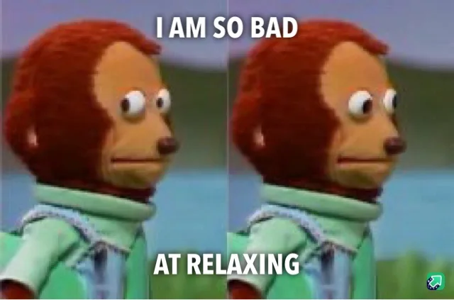 The image shows a split-screen of a red-haired puppet monkey with a bored or unimpressed expression, wearing a light green…