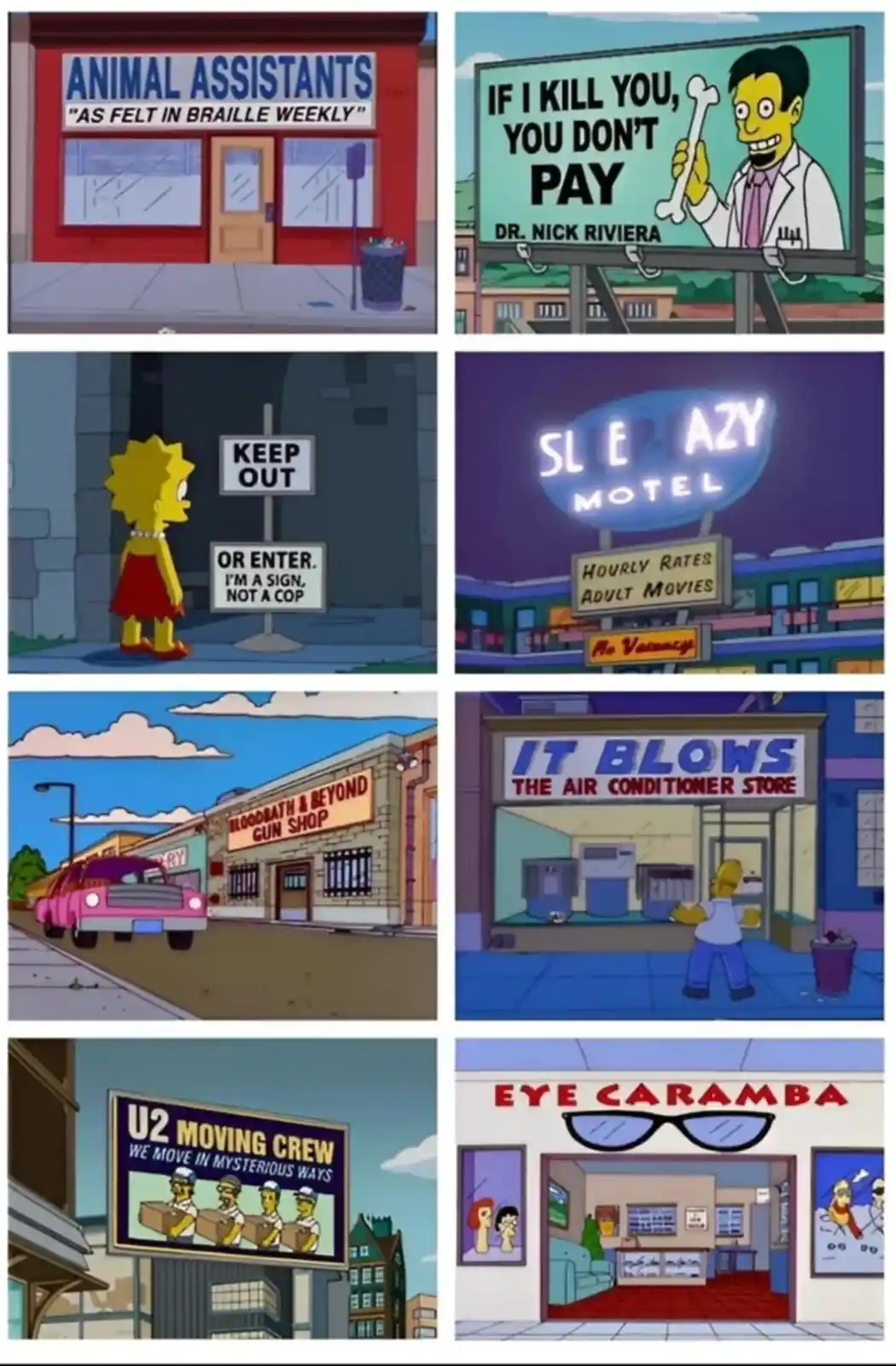 A collage of eight scenes from The Simpsons, each featuring absurdly named or poorly worded signs and storefronts. The…