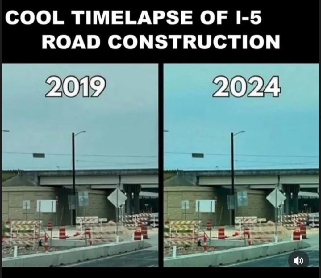 The image displays two side-by-side photos of the same road construction site under an overpass, labeled '2019' on the left…