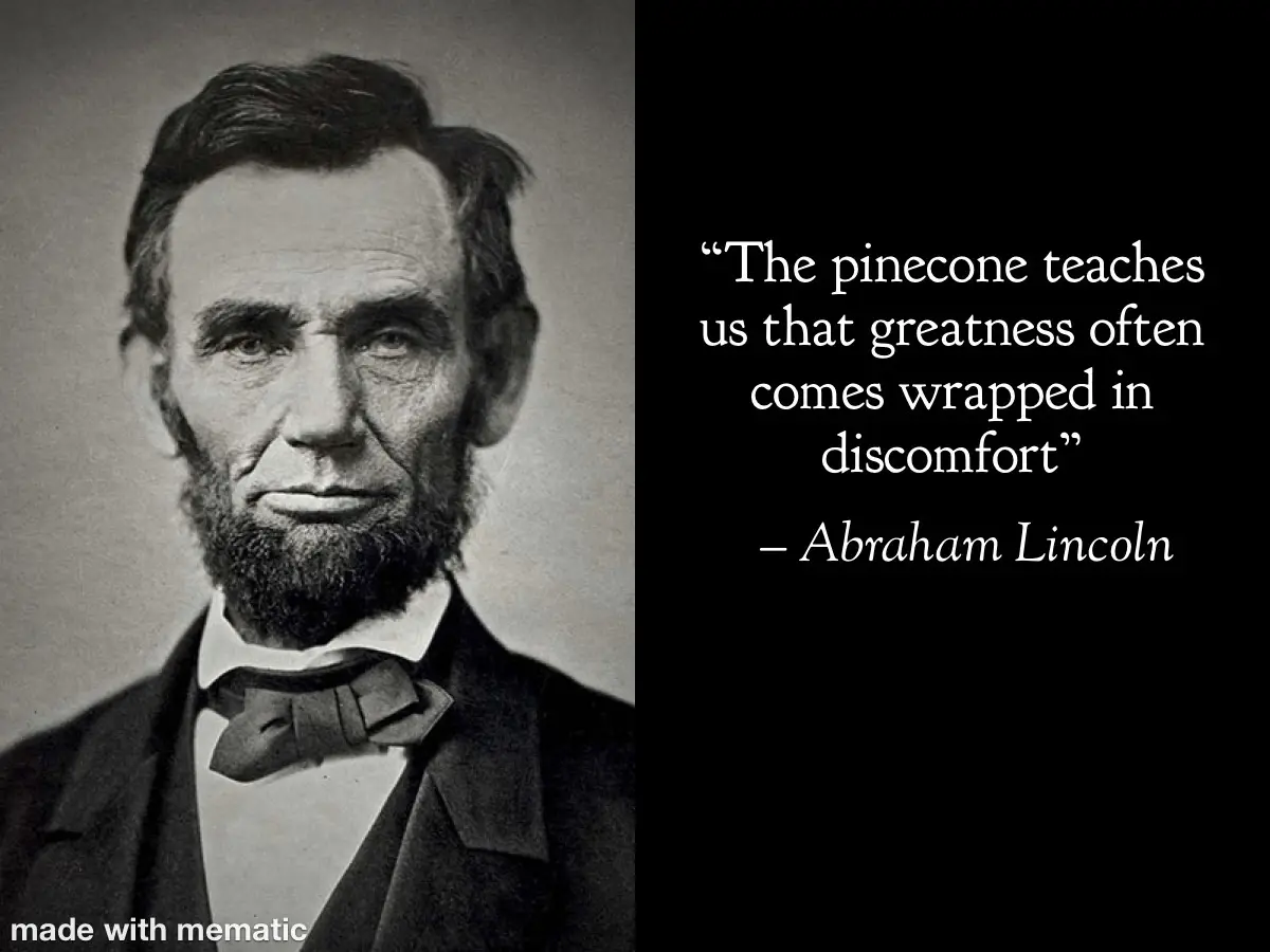 A black-and-white portrait of Abraham Lincoln is shown on the left, looking serious. On the right, white text on a black…