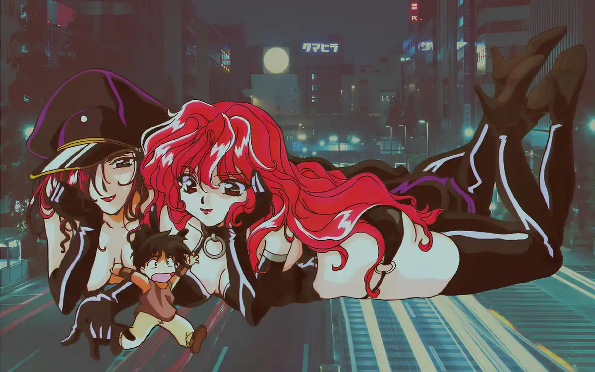 An anime-style image shows two large, scantily clad female characters floating above a city street at night, with a small…