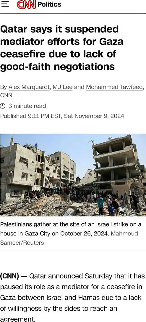 A screenshot of a CNN Politics article headline about Qatar suspending ceasefire mediation efforts in Gaza, overlaid on a…