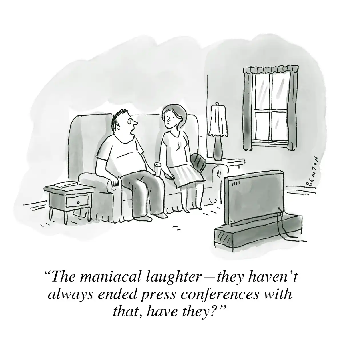 A black-and-white cartoon depicts a man and woman sitting on a couch in a living room, watching television. The man is…