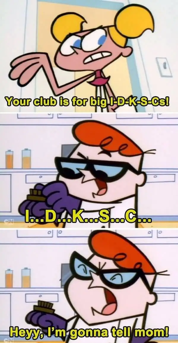 A three-panel cartoon meme featuring a blonde girl accusing a red-haired boy of being a 'big I-D-K-S-C'. The boy, wearing…