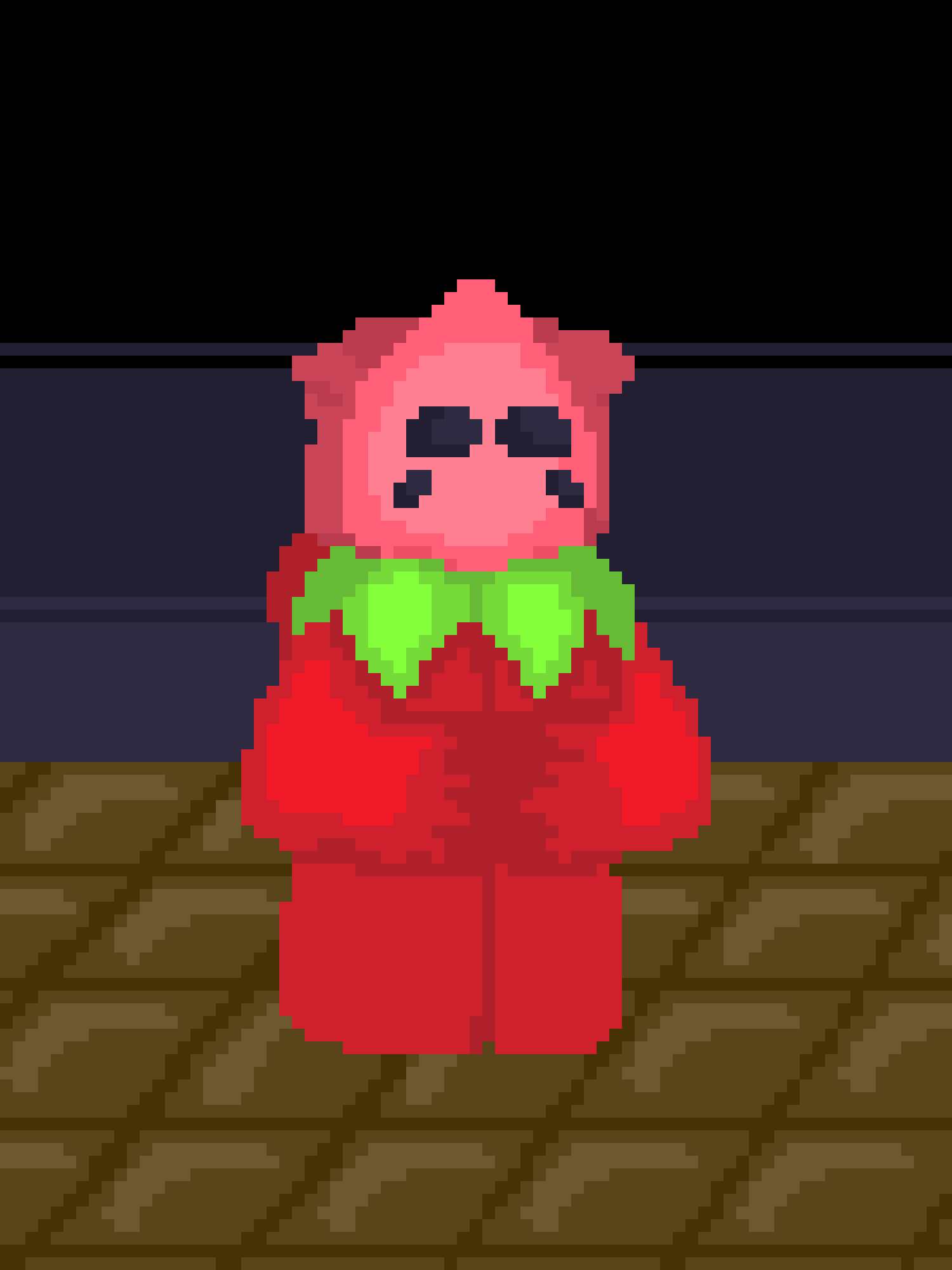A pixelated, pink, bear-like character wearing a red outfit and green collar stands on a brown tiled floor against a dark…
