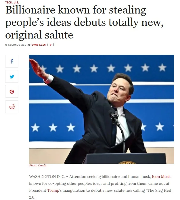 A screenshot of a fake news article shows Elon Musk at a podium, arm raised in a salute, against a blue starry backdrop. The…
