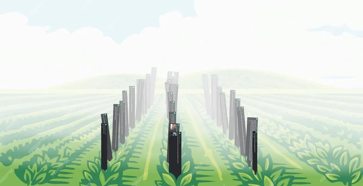 An illustration of a green field with rows of stylized plants under a cloudy sky, with numerous vertical social media…