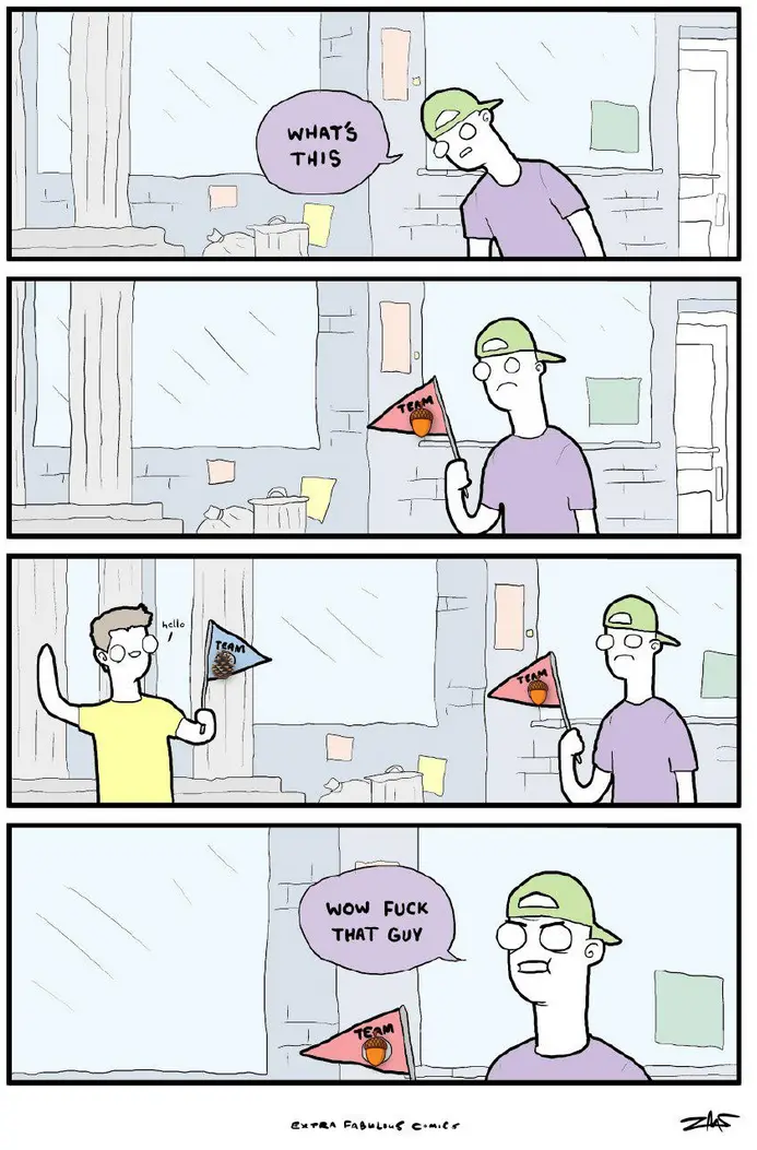 A four-panel comic strip shows a man in a green cap holding a small red pennant with 'TEAM' and an acorn logo. He asks…