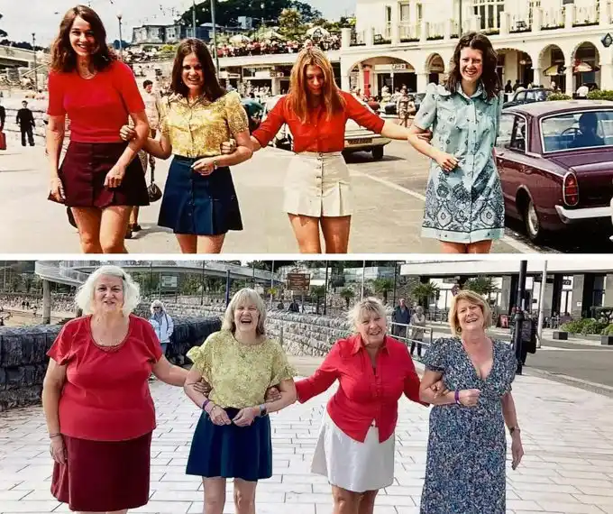 Two photos show the same four women holding hands in matching outfits; top photo shows them younger in 1970s-style clothing…