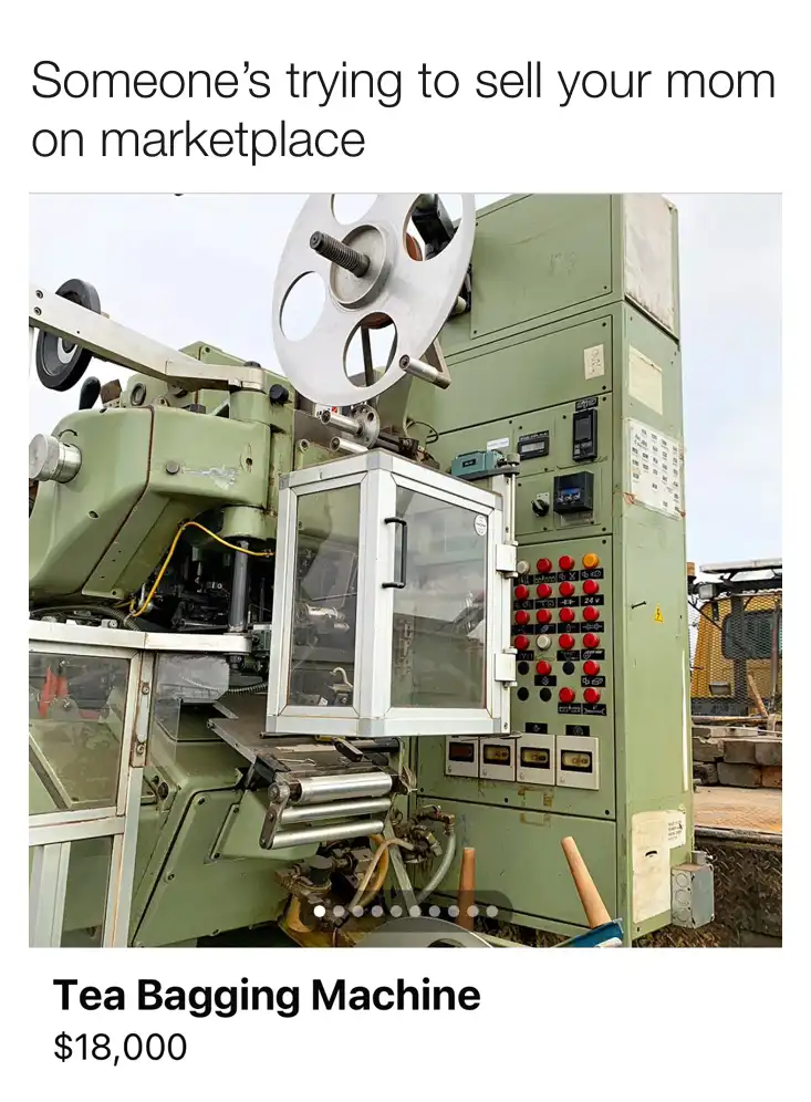 An image of a large, green, industrial tea bagging machine with a control panel featuring red and black buttons, priced at…