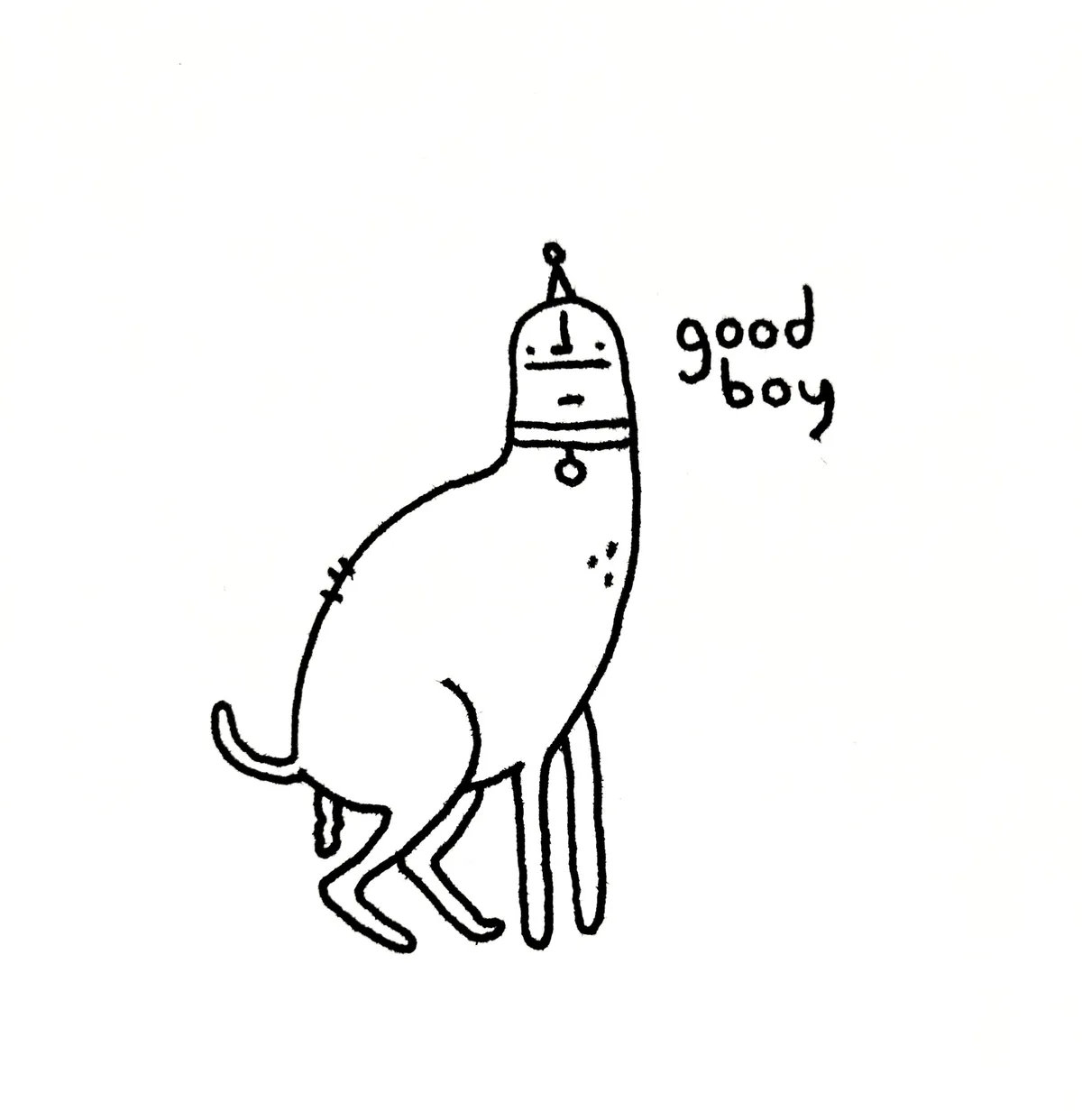 A simple black-and-white line drawing shows a dog sitting upright, wearing a bell-shaped helmet with a face drawn on it. To…