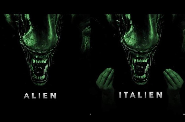 The image displays two nearly identical panels of the iconic Alien movie poster, each showing the creature's head with its…