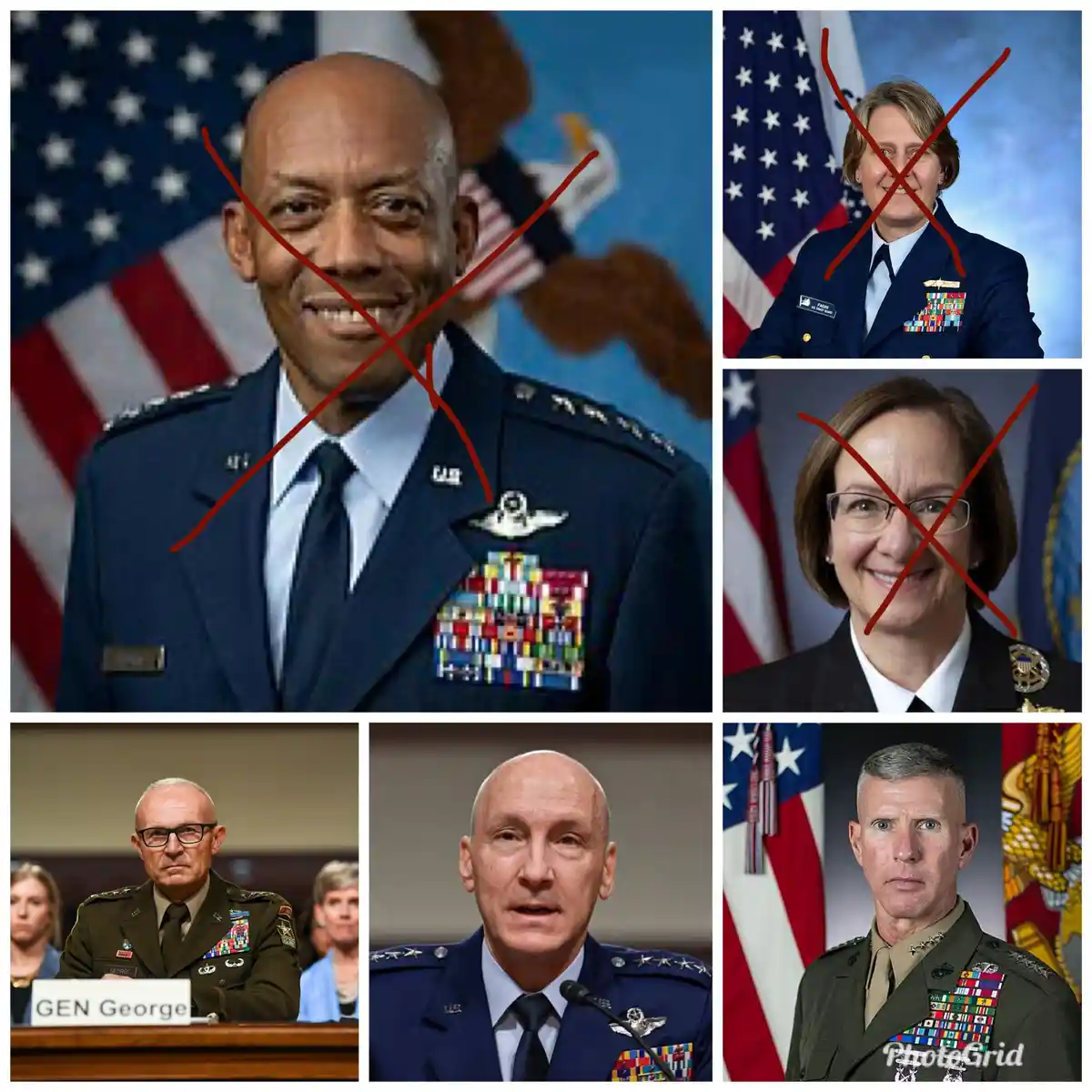 A collage of six U.S. military generals in uniform, with three of them marked with red X's over their faces. The top-left is…