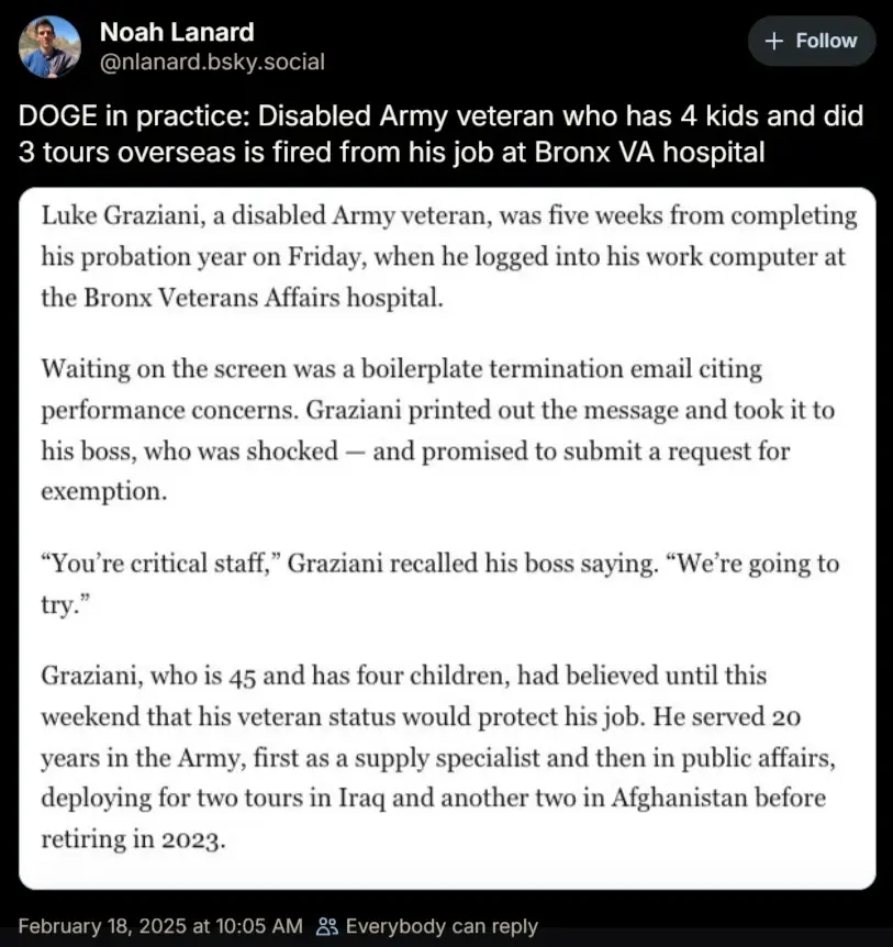 A screenshot of a social media post by Noah Lanard detailing the firing of Luke Graziani, a disabled Army veteran with four…