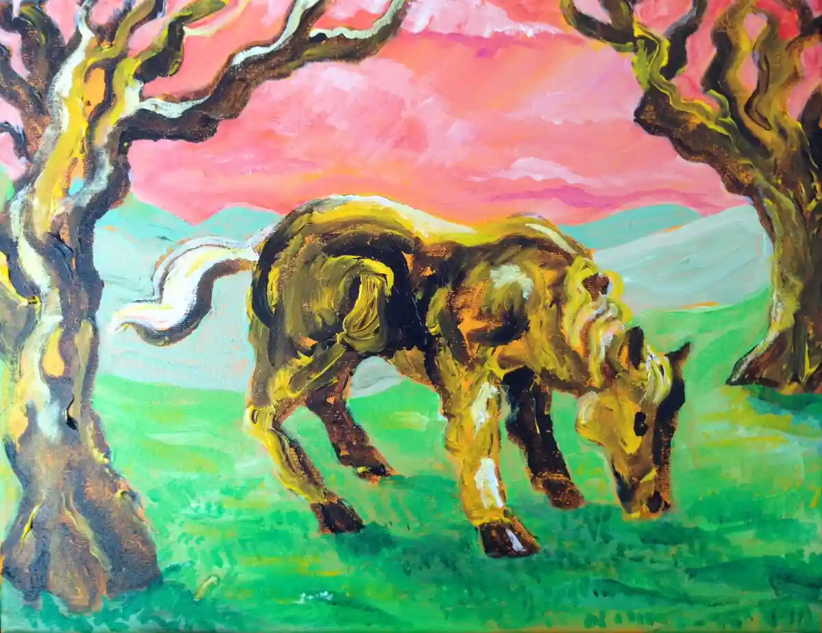 A colorful, impressionistic painting depicts a horse grazing in a field between two gnarled trees under a pink sky. The…
