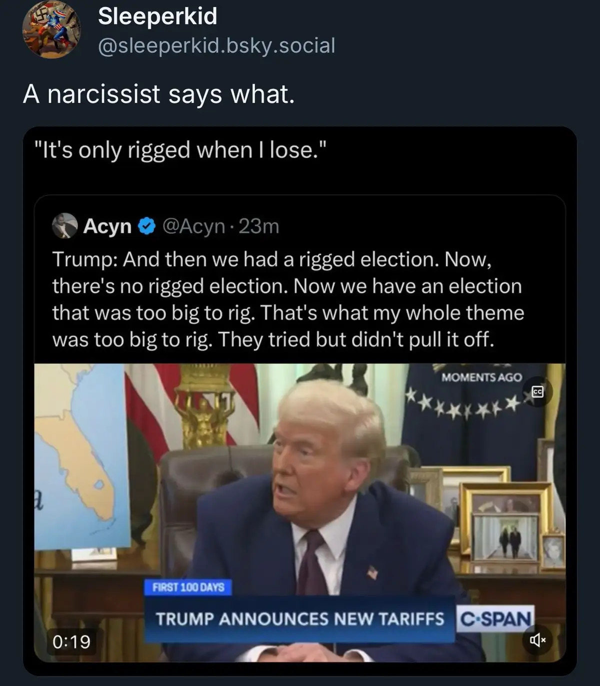 A screenshot of a tweet by Acyn showing a clip of Donald Trump speaking at a desk with an American flag and map in the…