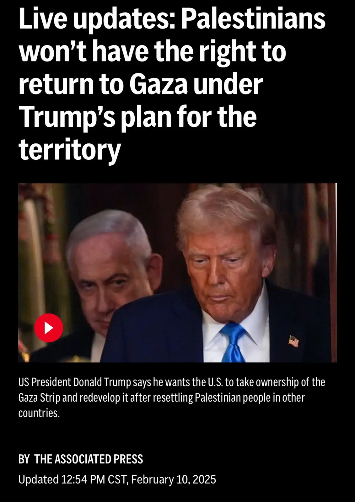 The image shows a news article screenshot with a headline about Trump's Gaza plan. It features a photo of Donald Trump…