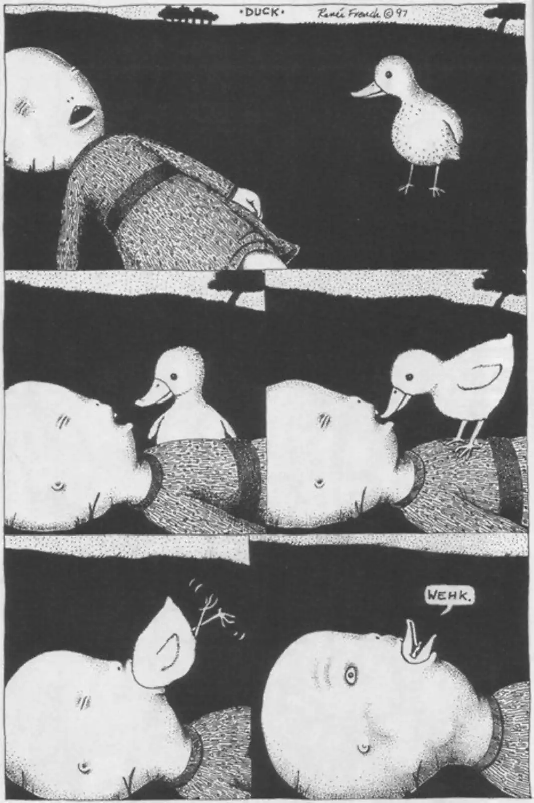 A black-and-white comic strip by Ramié Franche ©97 titled 'DUCK' shows a baby lying on its back, a duckling approaches…
