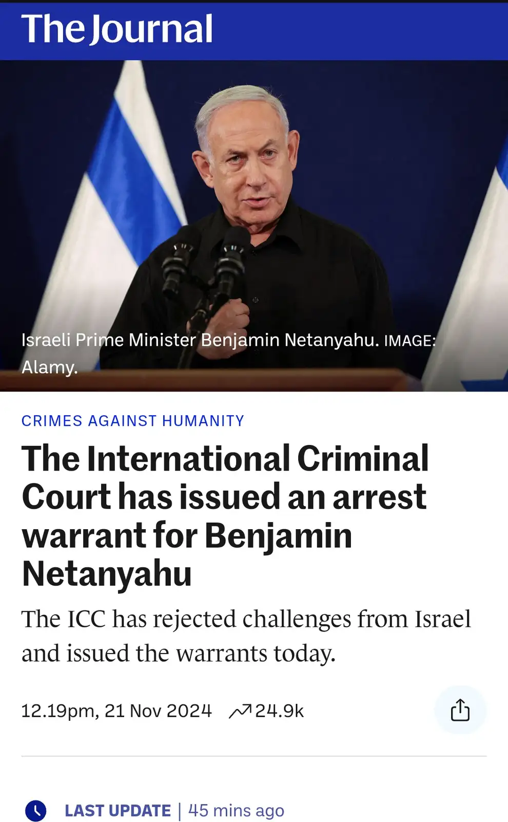 The image shows Israeli Prime Minister Benjamin Netanyahu speaking at a podium with Israeli flags behind him, overlaid with…