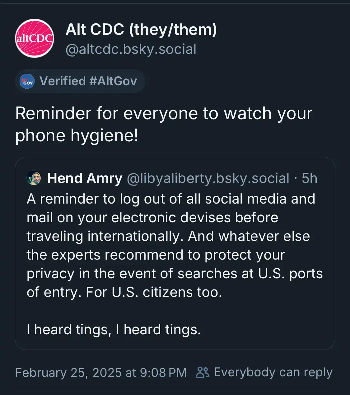 A screenshot of a Bluesky social media post from a verified account named 'Alt CDC' with the handle @altcdc.bsky.social. The…
