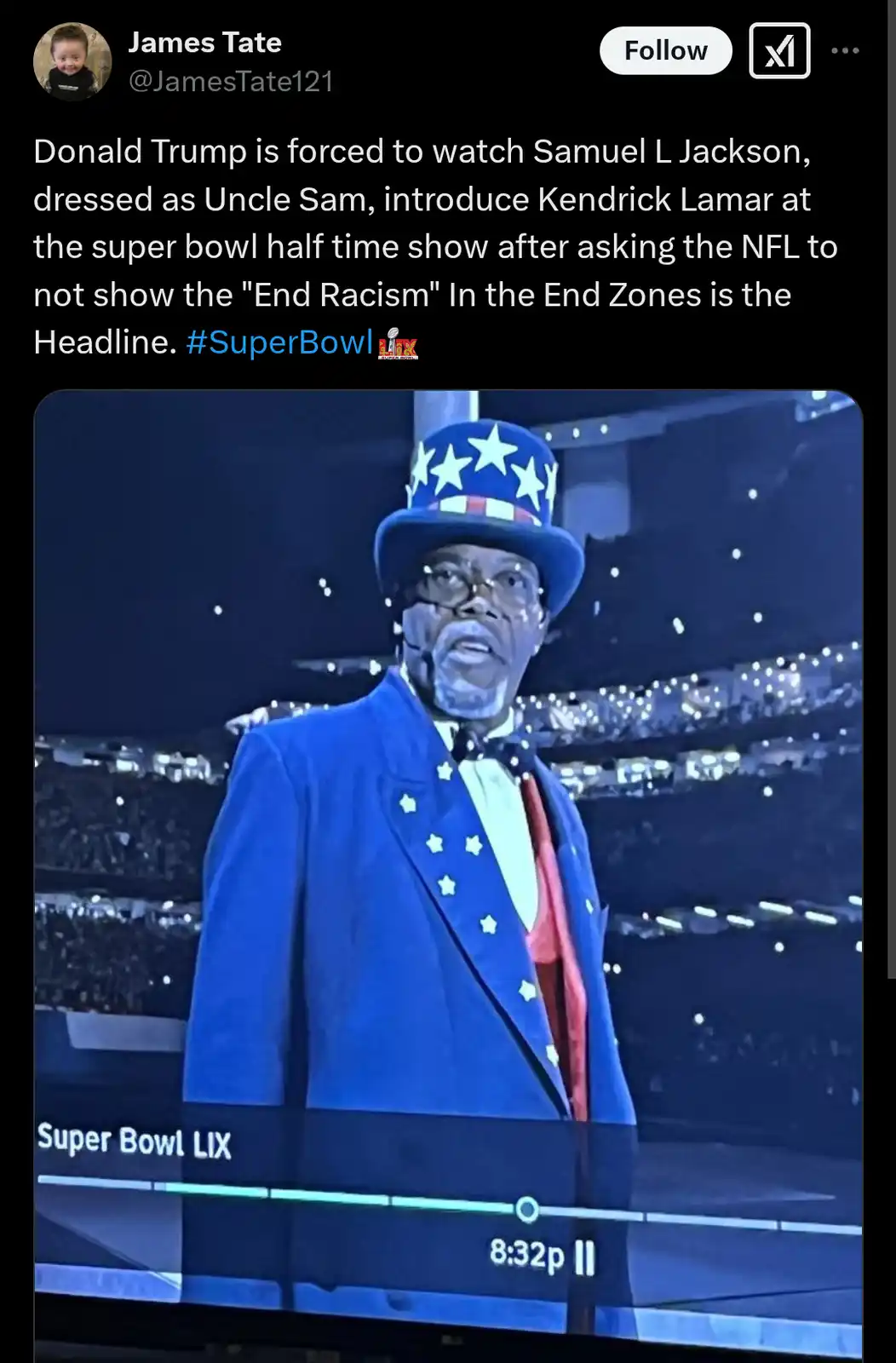 A screenshot from a Super Bowl LIX broadcast shows Samuel L. Jackson dressed as Uncle Sam, wearing a blue top hat with white…