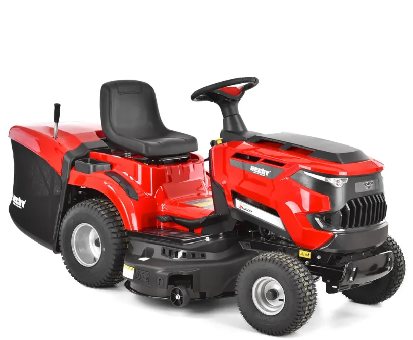 A red and black riding lawn mower with a black seat and steering wheel, shown against a white background. The overlaid text…