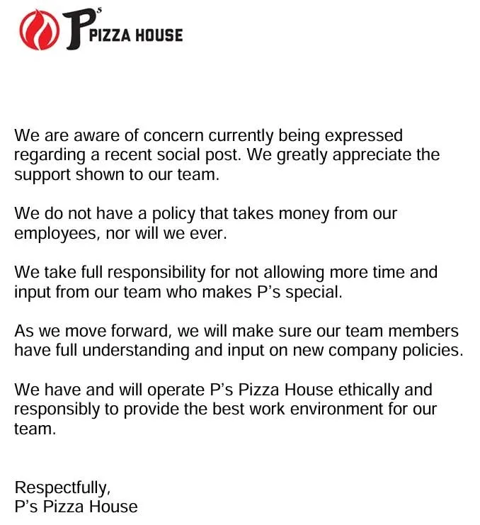 A white-background image displays a formal letter from 'P's Pizza House' with a red flame logo. The text, in black…