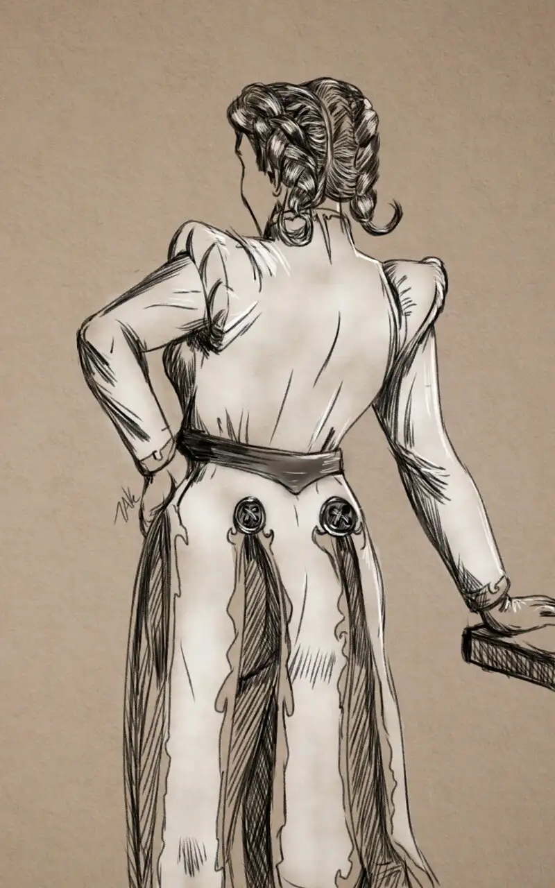 A black-and-white sketch shows a woman from behind, wearing a long dress with two large buttons at the waist, her left hand…