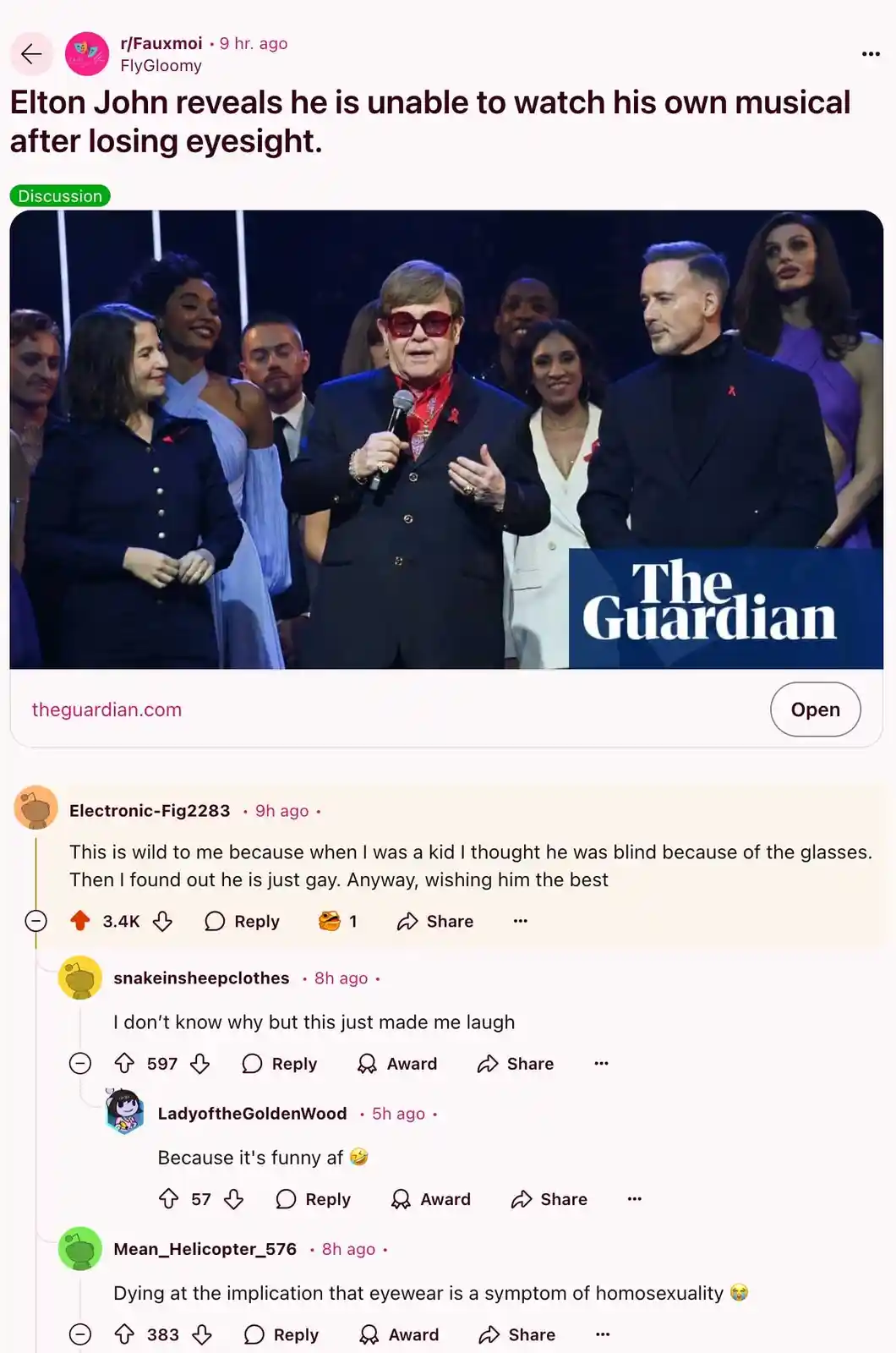 A screenshot of a Reddit post from r/Fauxmoi shows a photo of Elton John wearing red sunglasses on stage, surrounded by…