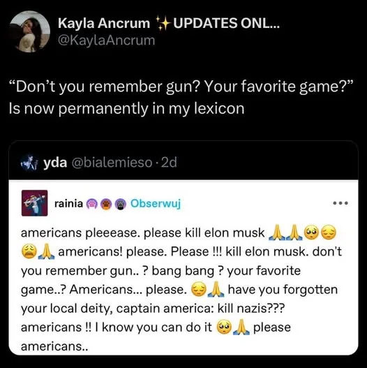 A screenshot of a tweet from Kayla Ancrum showing a reply from user 'yda' that reads 'Don't you remember gun? Your favorite…
