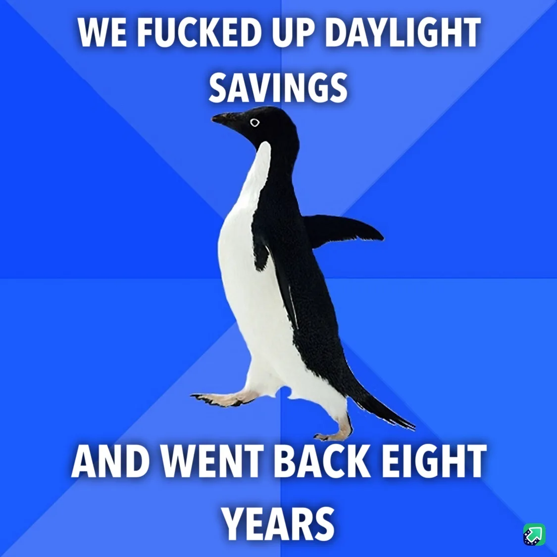 A black-and-white penguin stands against a blue geometric background. White bold text at the top reads 'WE FUCKED UP…