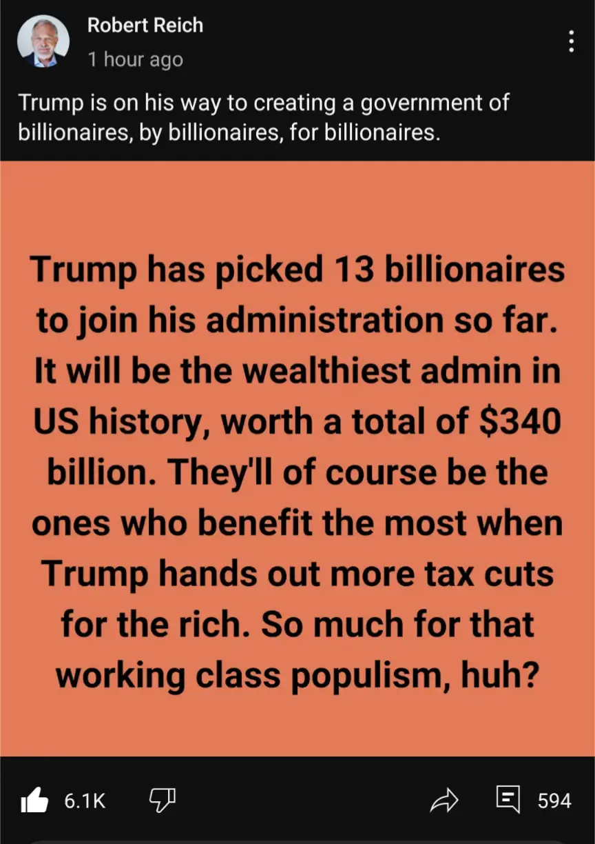 A screenshot of a social media post by Robert Reich, showing a dark header with his profile and timestamp, followed by a…