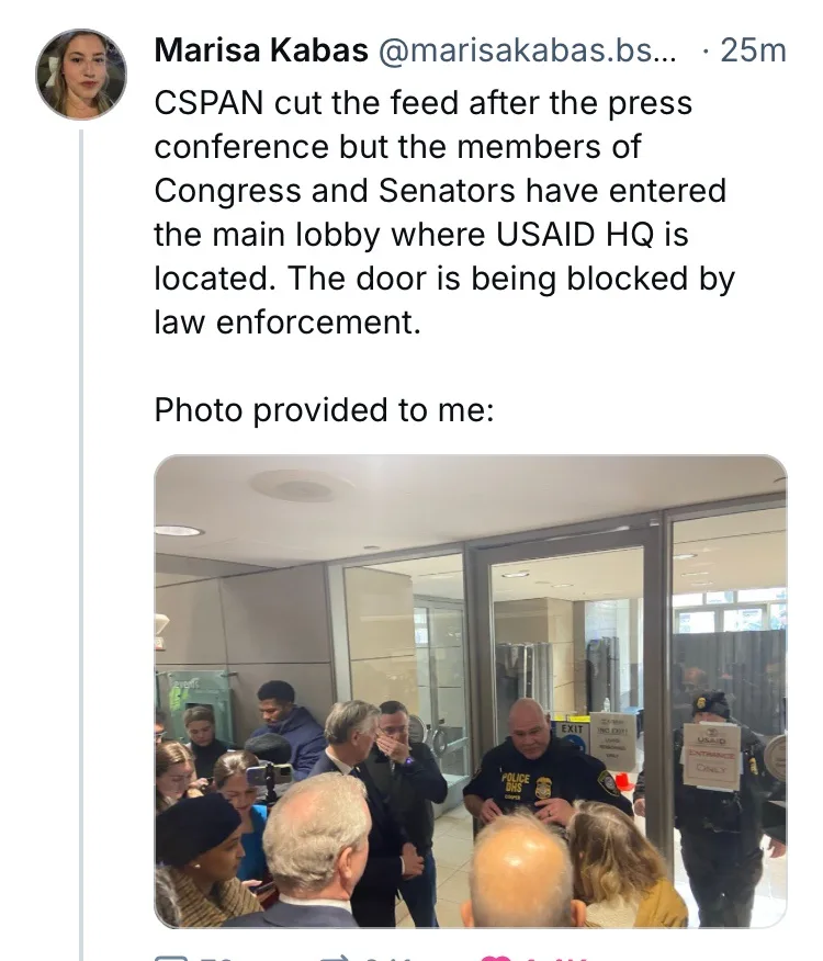 A screenshot of a tweet by Marisa Kabas shows a photo of several people, including politicians, gathered outside a glass…