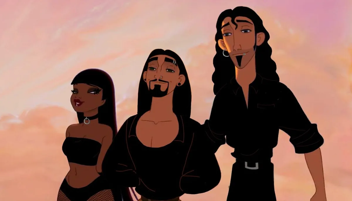 Three animated characters from 'The Emperor's New School' stand together against a pink-orange sunset. The character on the…
