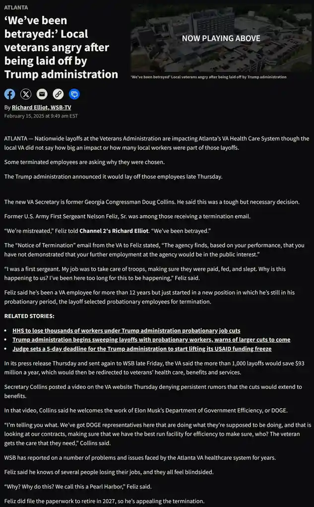 A screenshot of a news article from WSB-TV dated February 15, 2025, about veterans being laid off by the Trump…