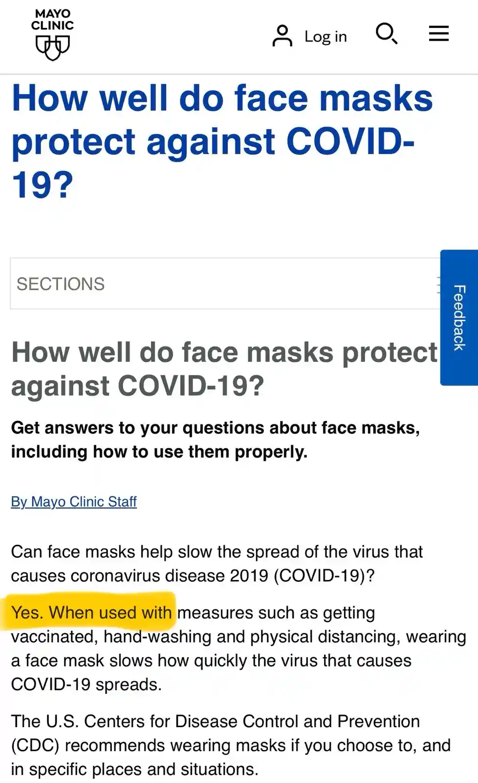 A screenshot of a Mayo Clinic webpage titled 'How well do face masks protect against COVID-19?' shows a highlighted section…