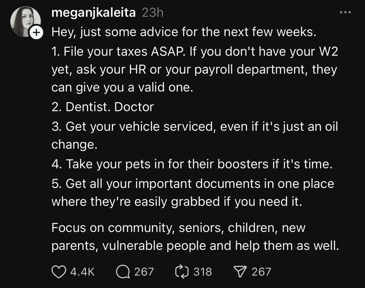 A screenshot of an Instagram post by user 'meganjkaleita' with white text on a black background listing five practical life…