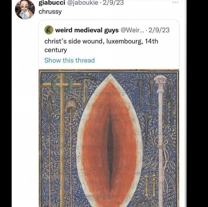 A medieval illustration shows a large, anatomically inaccurate wound shaped like a vulva, surrounded by weapons and ornate…