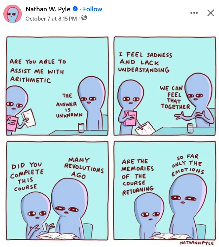 A four-panel comic featuring two blue, featureless alien-like figures at a table. In the first panel, one alien asks the…