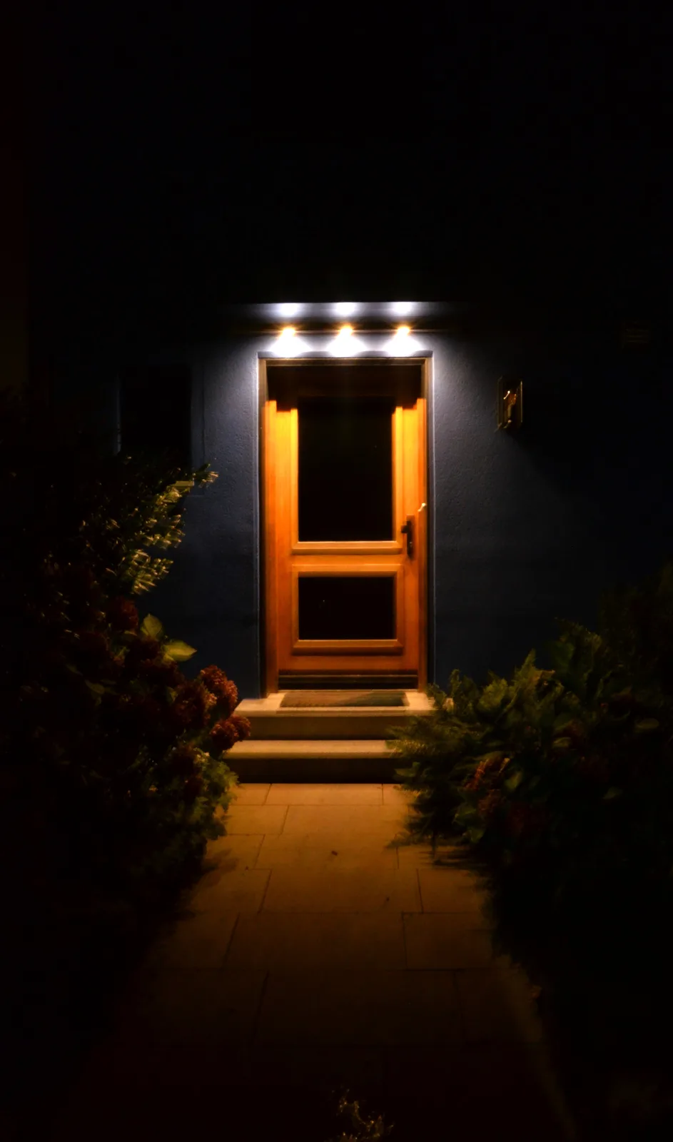 A nighttime photo of a wooden front door with glass panels, illuminated by three bright lights above it, set against a dark…
