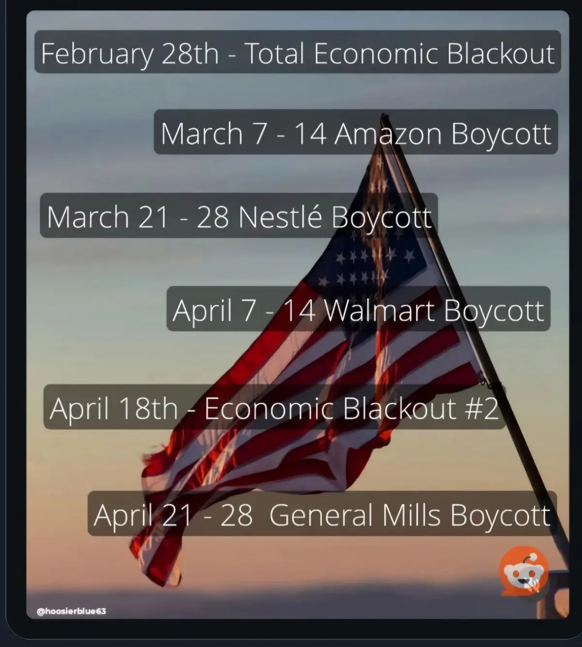 An American flag waves against a sunset sky, overlaid with a schedule of planned economic boycotts and blackouts from…